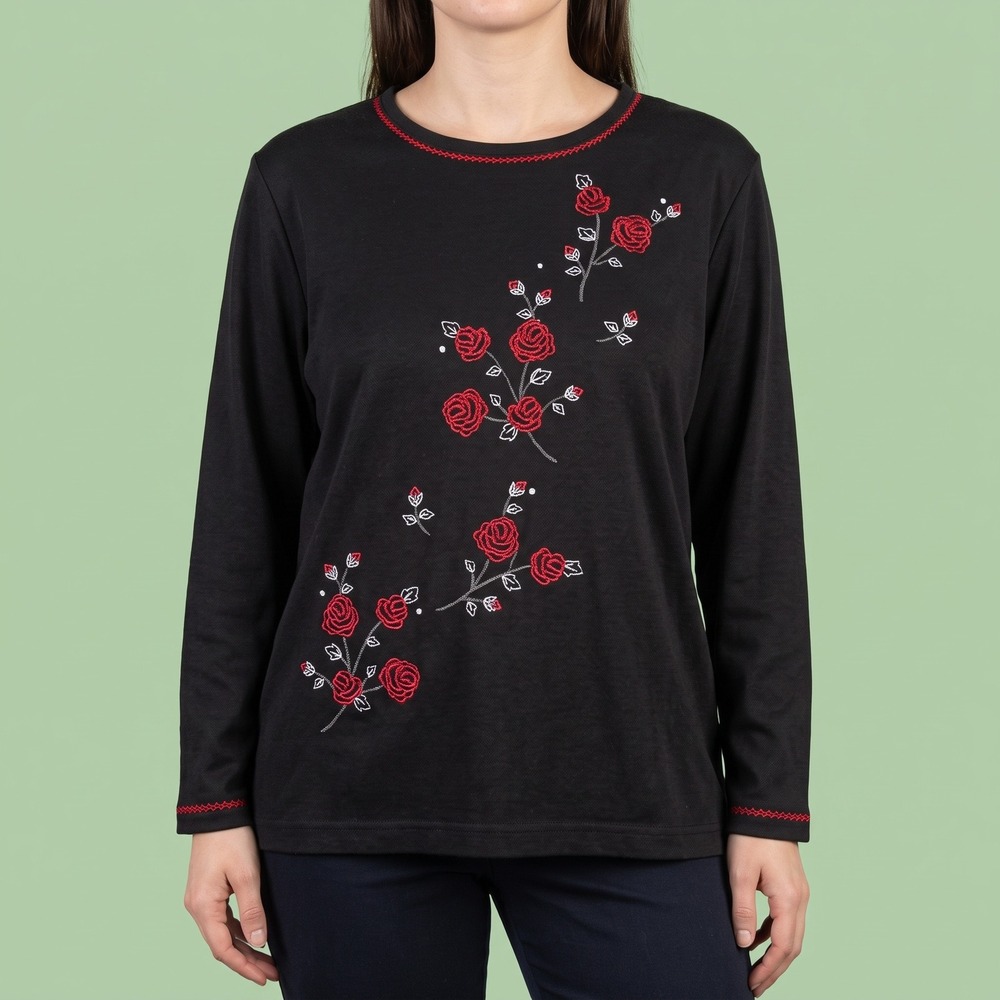 BonWorth Top Womens XL Embroidered Floral Black Long Sleeve